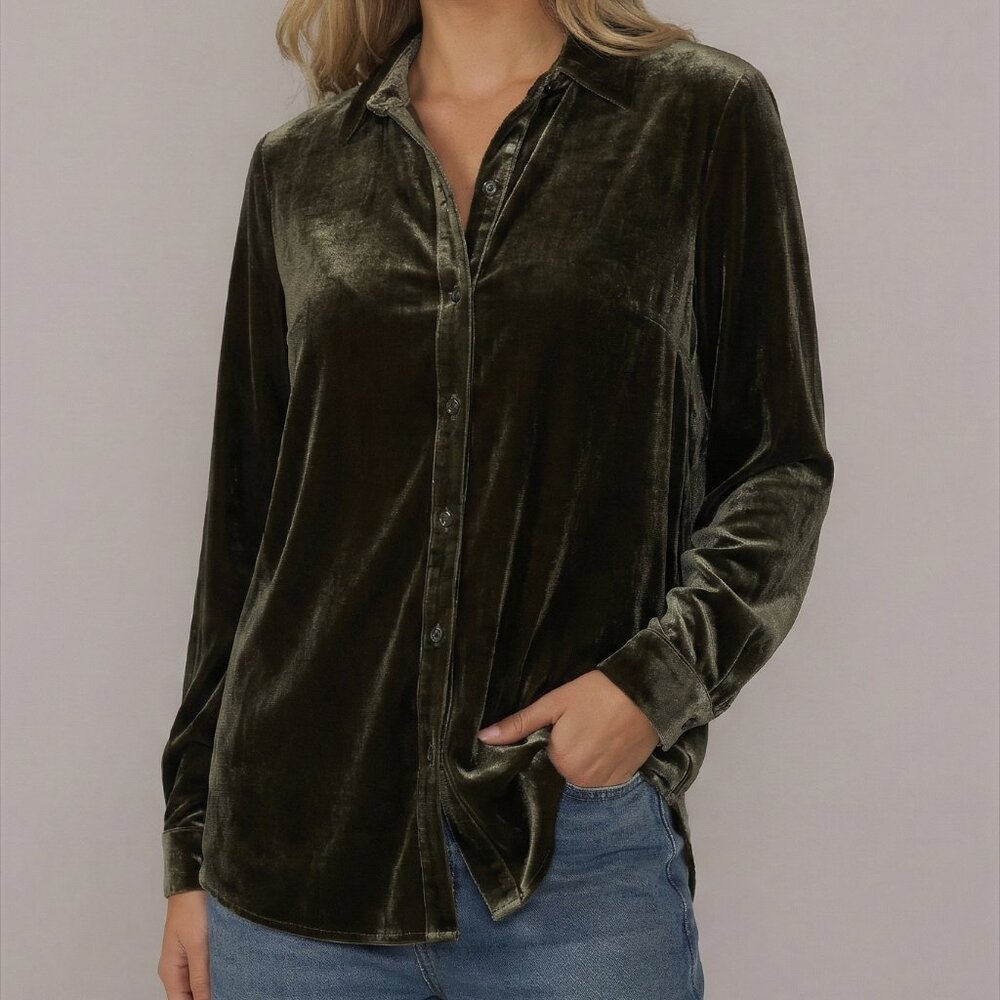 Eileen Fisher Black SILK Velour Velvet button down women's long shirt $298 New